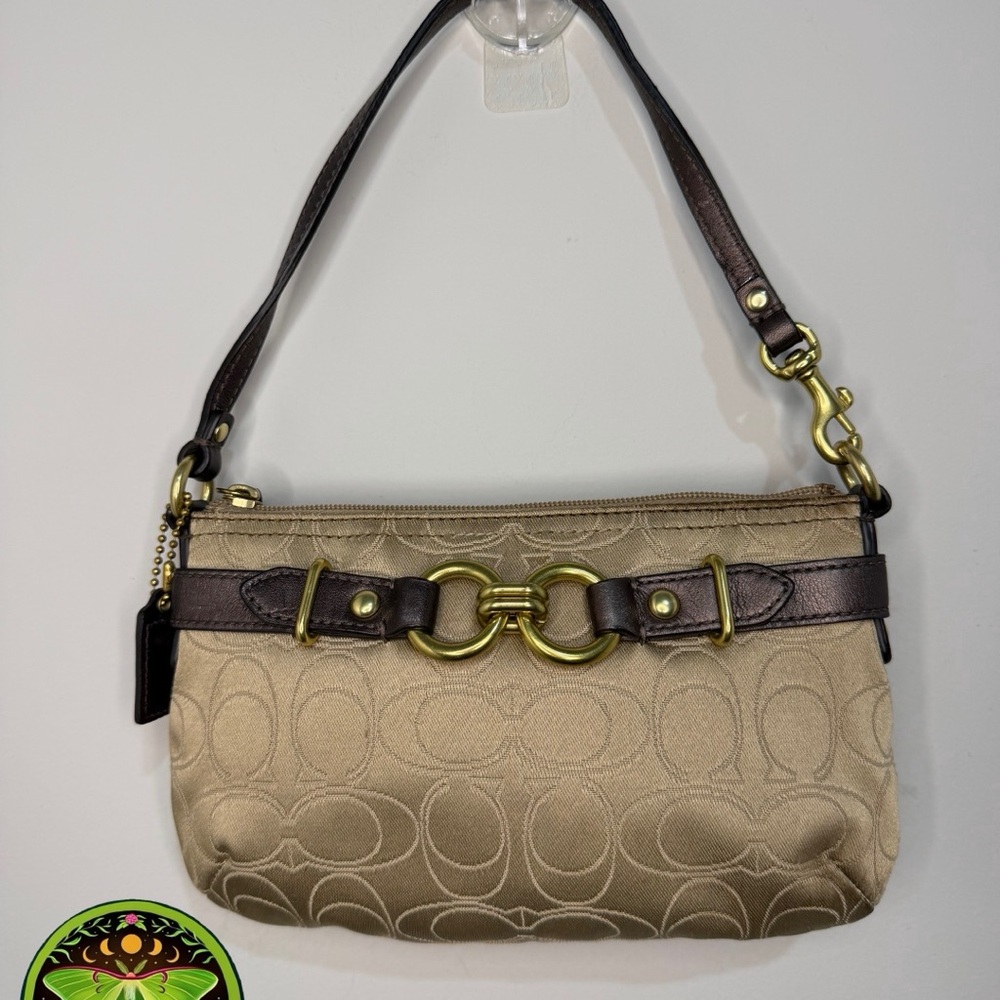 Coach Tan Signature Canvas Wristlet with Dark Brown Leather and Gold Hardware